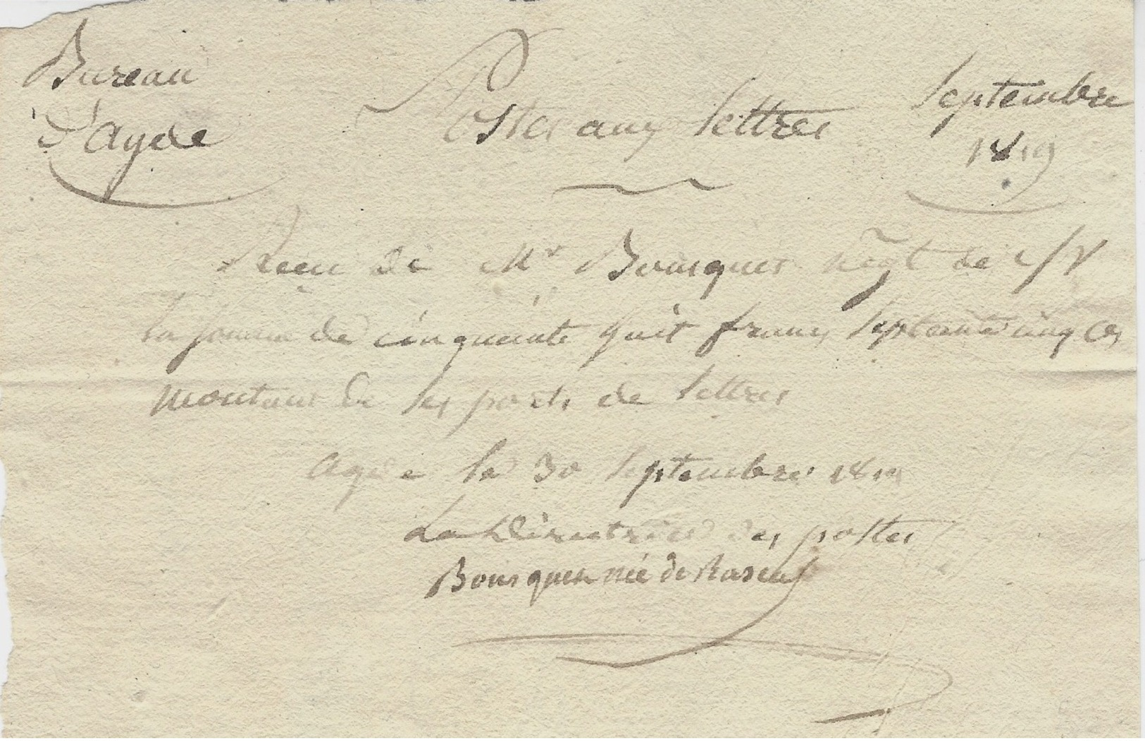 1819- Bureau D'Agde ( B. Du R. ) Postes Aux Lettres - Reçu D'un Montant  De 58,75 Frs De Plis En Port Du - 1801-1848: Précurseurs XIX