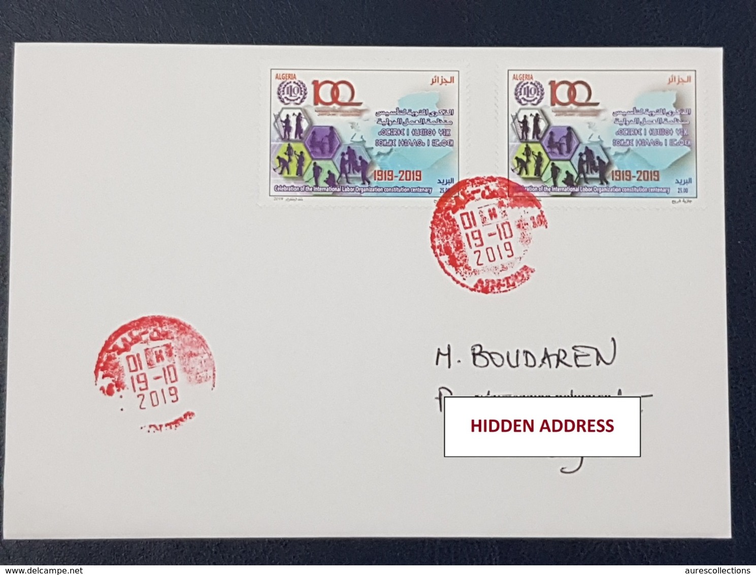 ALGERIE ALGERIA 2019 - CIRCULATED COVER - ILO ANNIVERSARY WITHDRAWN ERROR " LOBOR " + CORRECTED VERSION " LABOR " RARE - Fehldrucke