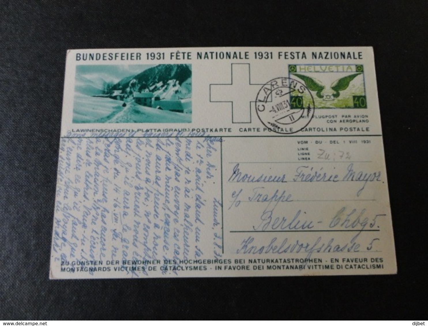 CARTE POSTALE FETE NATIONALE SUISSE 1931 - Postmark Collection