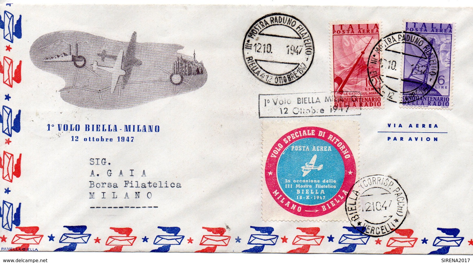 1° VOLO BIELLA MILANO - 12 OTTOBRE 1947 - Busta Viaggiata - Aerei