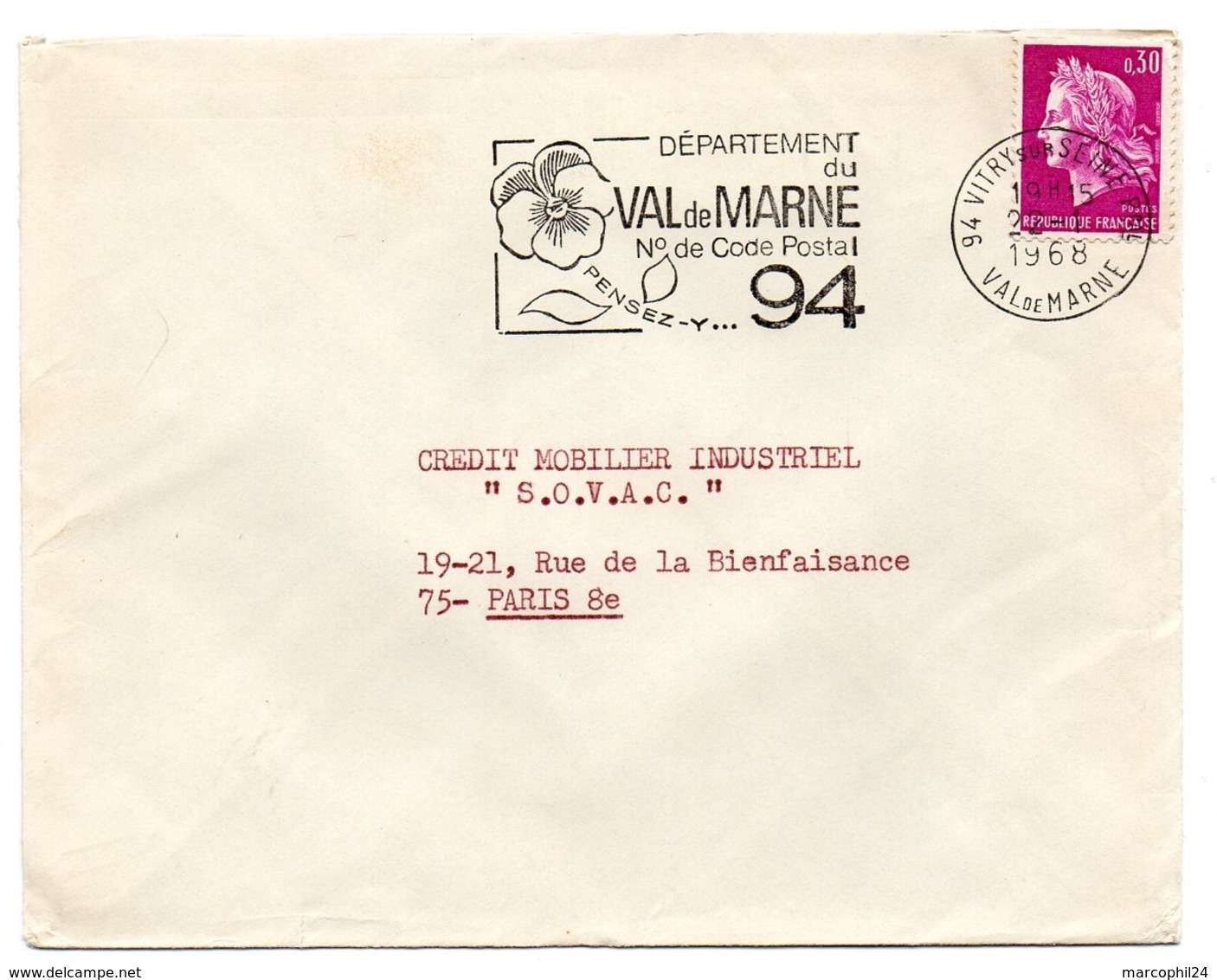 VAL De MARNE - Dépt N° 94 VITRY Sur SEINE Ppal 1968 = FLAMME Codée = SECAP  ' N° De CODE POSTAL / PENSEZ-Y ' - Postleitzahl