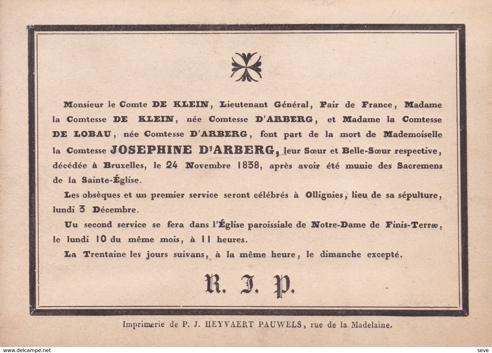 OLLIGNIES BRUXELLES Comtesse Joséphine D'ARBERG Décédée 1838 Enterrée OLLIGNIES Familles De LOBAU De KLEIN Carton A5 - Décès
