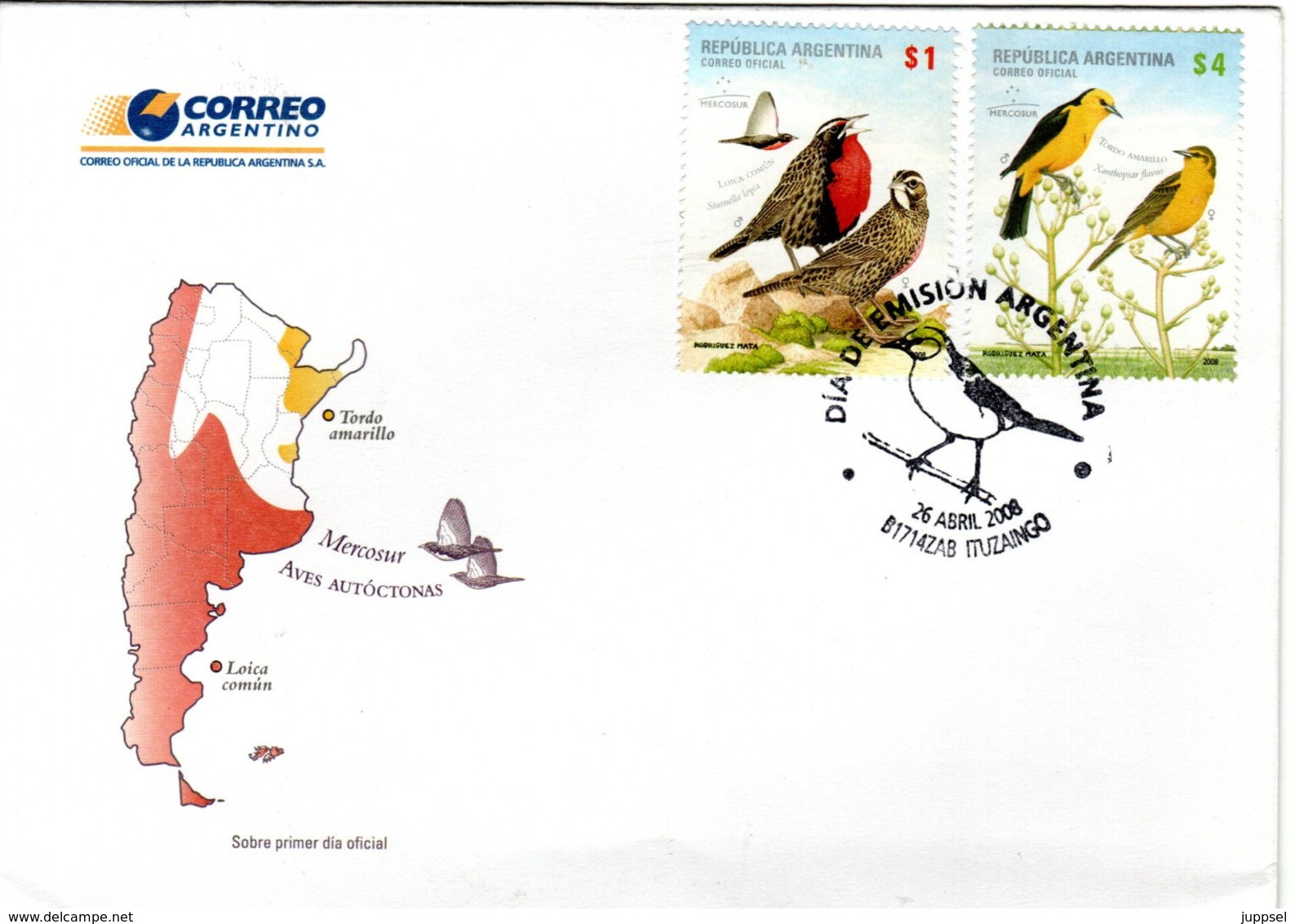 ARGENTINA  FDC, Birds   /  ARGENTINE, Lettre De Première Jour,  Oiseaux , 2008 - Sperlingsvögel & Singvögel