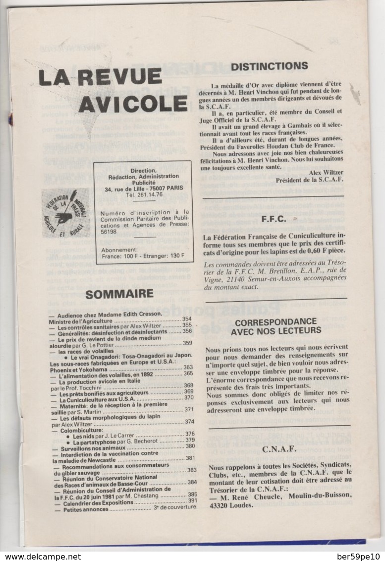 LA REVUE AVICOLE INFORMATIONS AVICOLES CUNICOLES ET COLOMBICOLES N° 10 OCTOBRE 1981 - Animaux