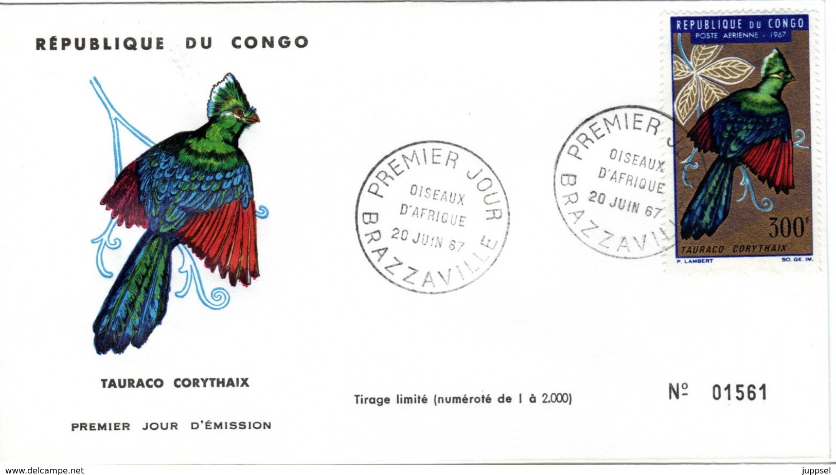 CONGO , FDC,   Bird   /  REPUBLIQUE  Du  CONGO, Lettre De Première Jour,  Oiseau  1967 - Autres & Non Classés