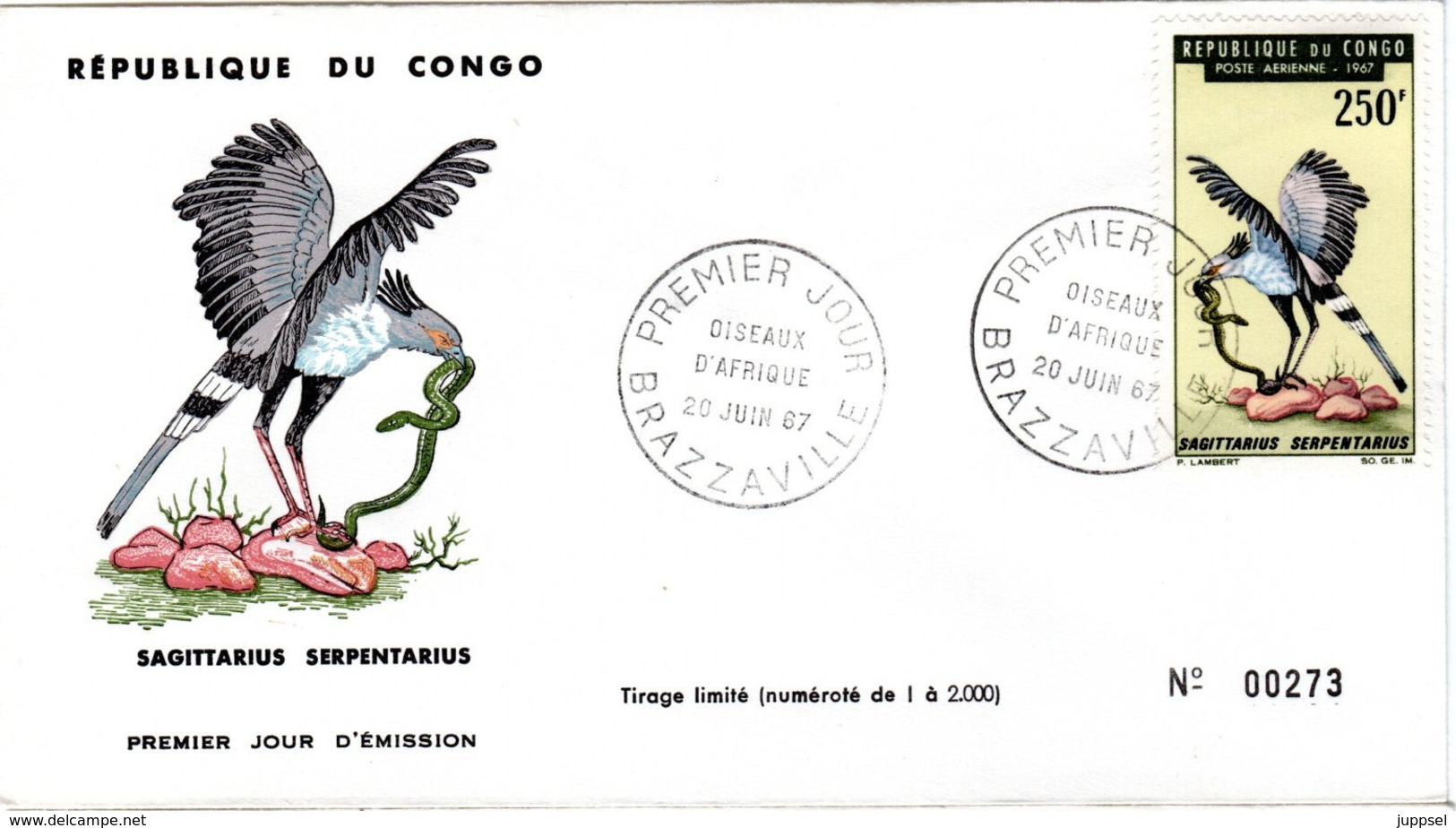 CONGO , FDC,   Bird   /  REPUBLIQUE  Du  CONGO, Lettre De Première Jour,  Oiseau  1967 - Adler & Greifvögel