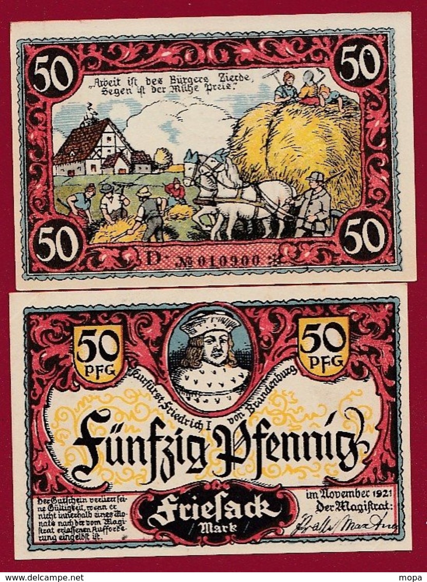 Allemagne 1 Notgeld De 50 Pfenning  Stadt Friesack (RARE)   Dans L 'état N° 4885 - Collections