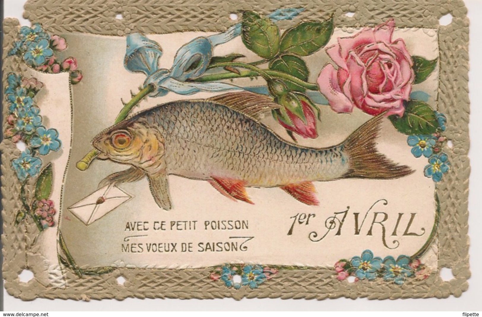 L100d059 - Premier Avril - "Avec Ce Petit Poisson..." - Carte Gauffrée Et Bord Dentelle - 1 April (aprilvis)