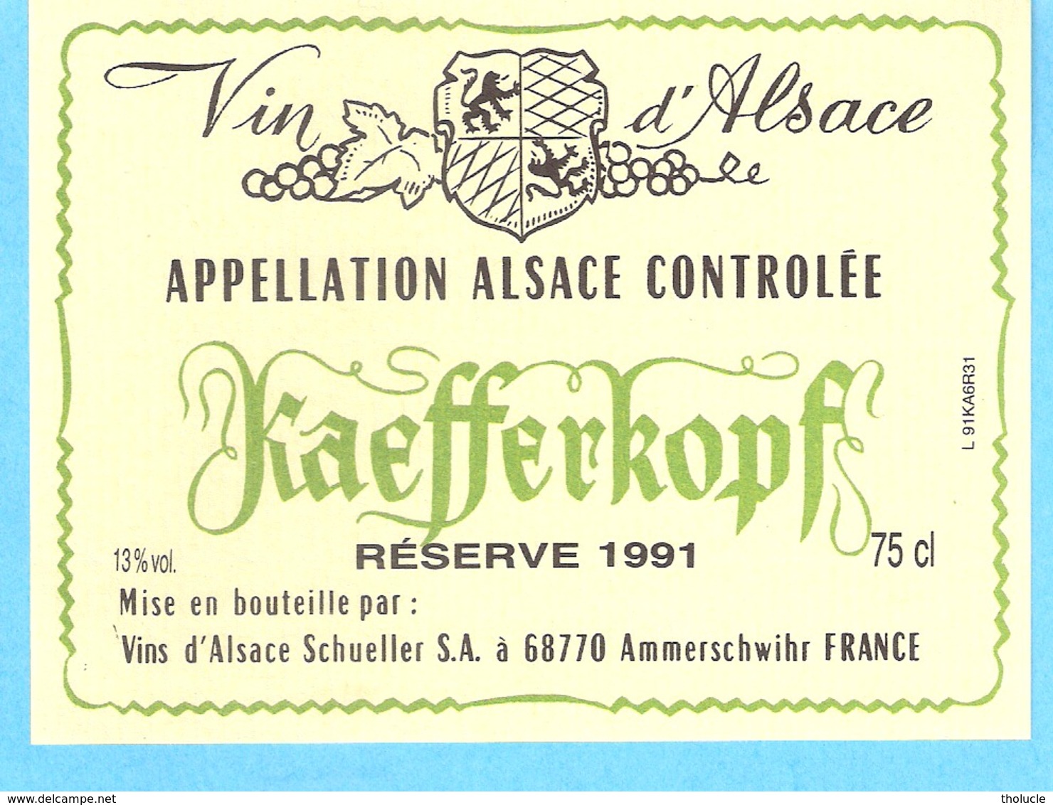 Etiquette-Vin D'Alsace-Kaefferkopf -Réserve 1991- Schueller à Ammerschwihr - Riesling