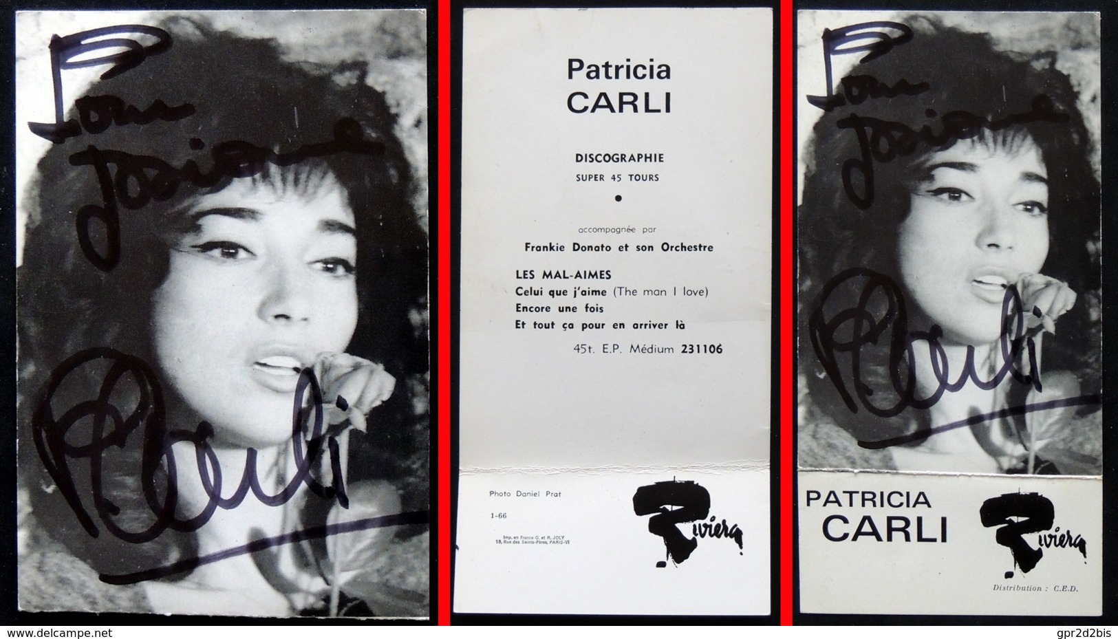 Dédicace Autographe Chanteuse Carte Publicitaire Patricia CARLI (photo Prat)  Edition G&R JOLY Paris Label RIVIERA 1966 - Chanteurs & Musiciens