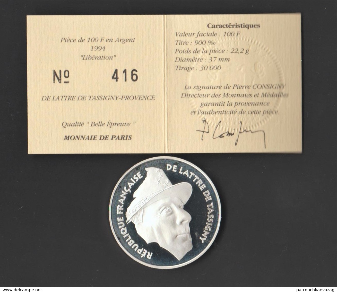 Médaille Monnaie De Paris 1994 - Pièce De 100 Francs En Argent BE. De Lattre De Tassigny - Provence - Autres & Non Classés