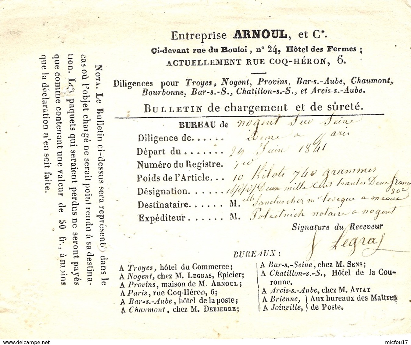 1841-  MESSAGERIES  Privées  BULLETIN De Chargement Et De Sureté - Entreprise ARNOUL - Rue Coq-Héron, 6 à  Paris - 1801-1848: Precursors XIX