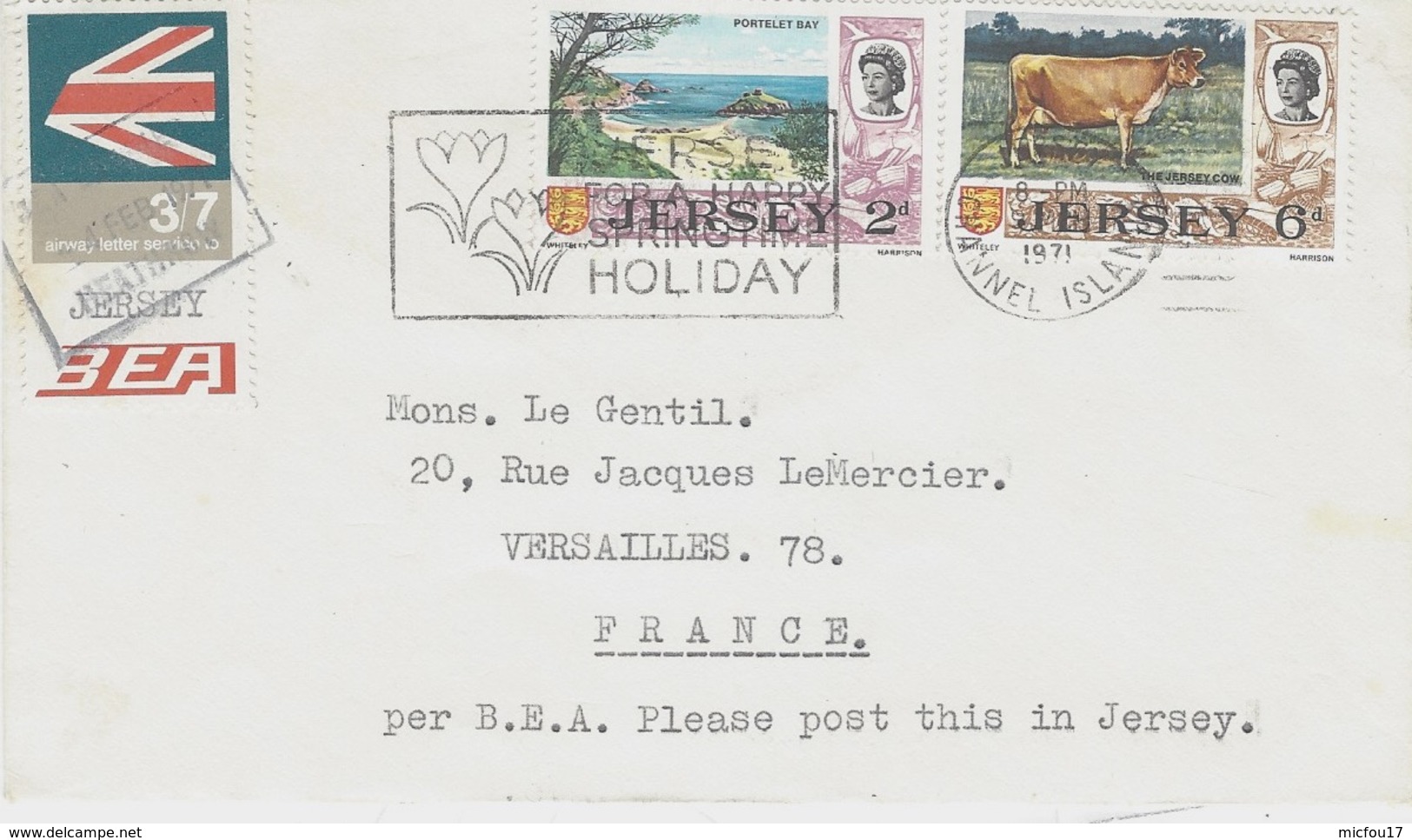 1971- Cover From  JERSEY To Versailles ( France ) Per B.E.A - Jersey