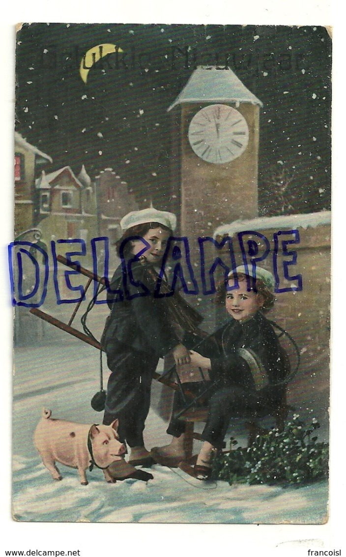 Gelukkig Niuewjaar. Photographie Montage. 1914. Petits Ramoneurs, Cochon, Horloge, ... Glacée - New Year