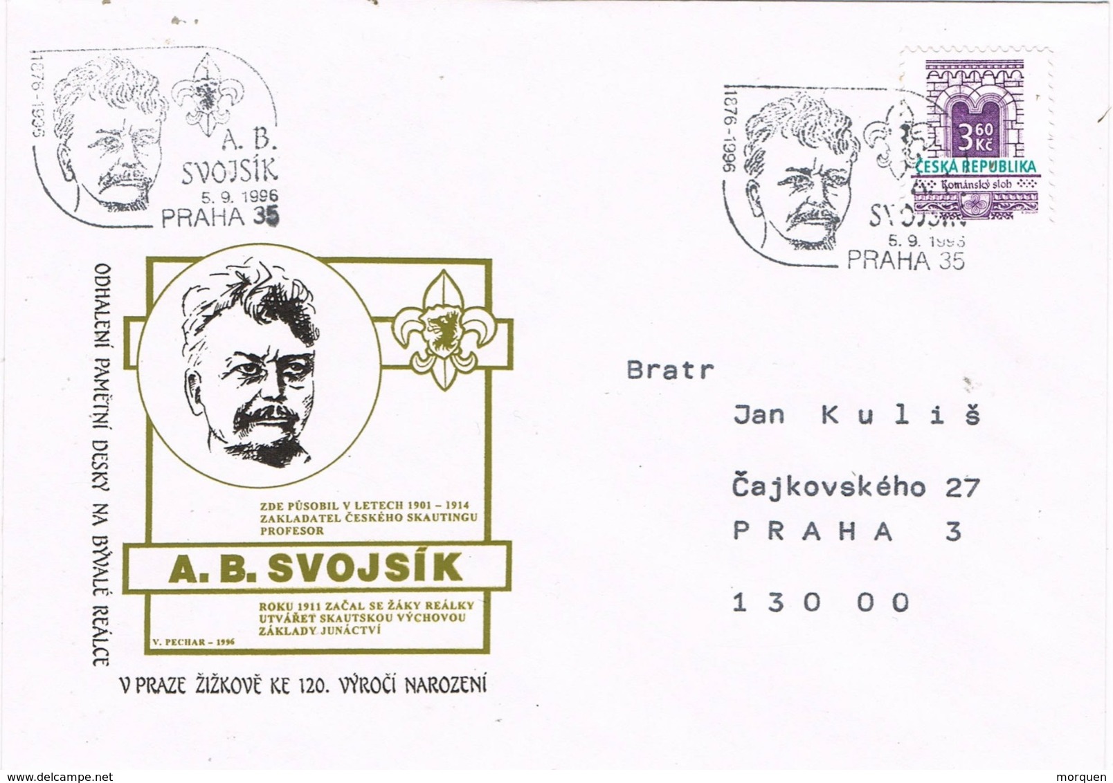 34280. Carta PRAHA (Republica Checa) 1996. SVOJSIK, Fundador Grupo Junik De SCOUTS - Lettres & Documents