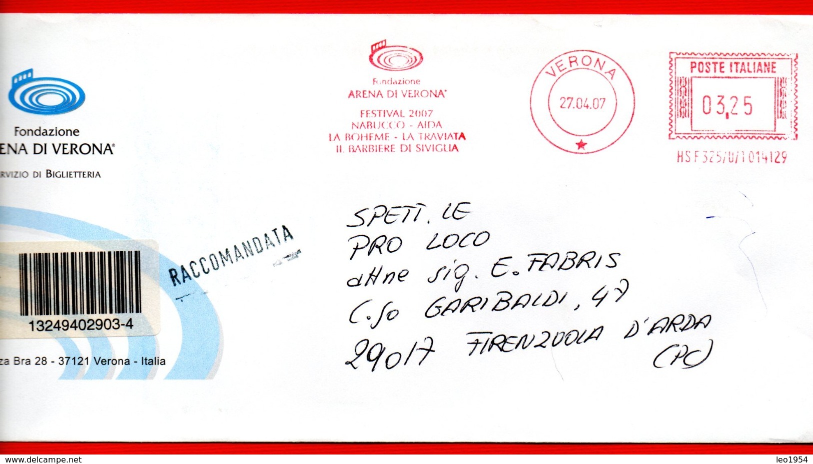 ARENA DI VERONA - FESTIVAL MUSICA LIRICA CON METER STAMP EMA FREISTEMPEL AFFRANCATURA MECCANICA - Machines à Affranchir (EMA)