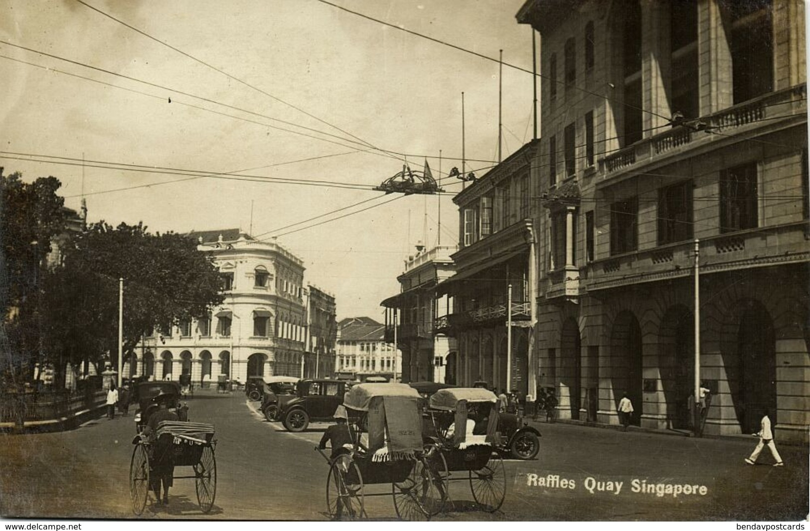 Singapore, Raffles Quay, Rickshaw, Car (1920s) RPPC Postcard - Singapore