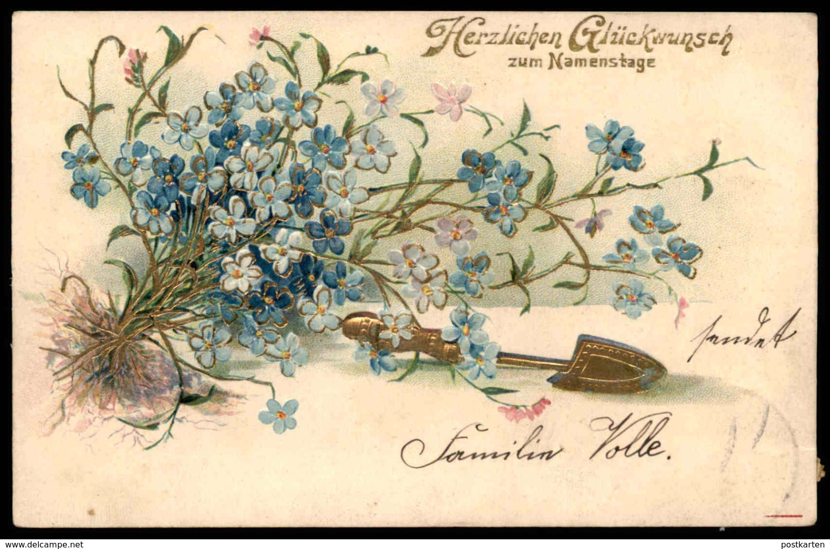 ALTE PRÄGE POSTKARTE HERZLICHEN GLÜCKWUNSCH ZUM NAMENSTAGE VERGOLDET Blume Blumen Fleurs Flower Ansichtskarte Postcard - Blumen