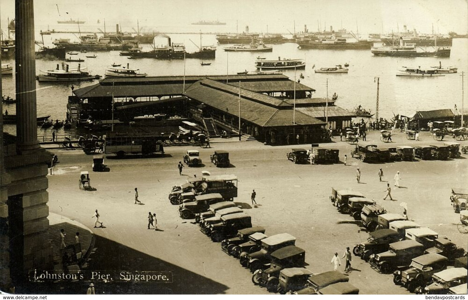 Singapore, Johnston's Pier, Bus Cars, Ships (1910s) RPPC Postcard - Singapore