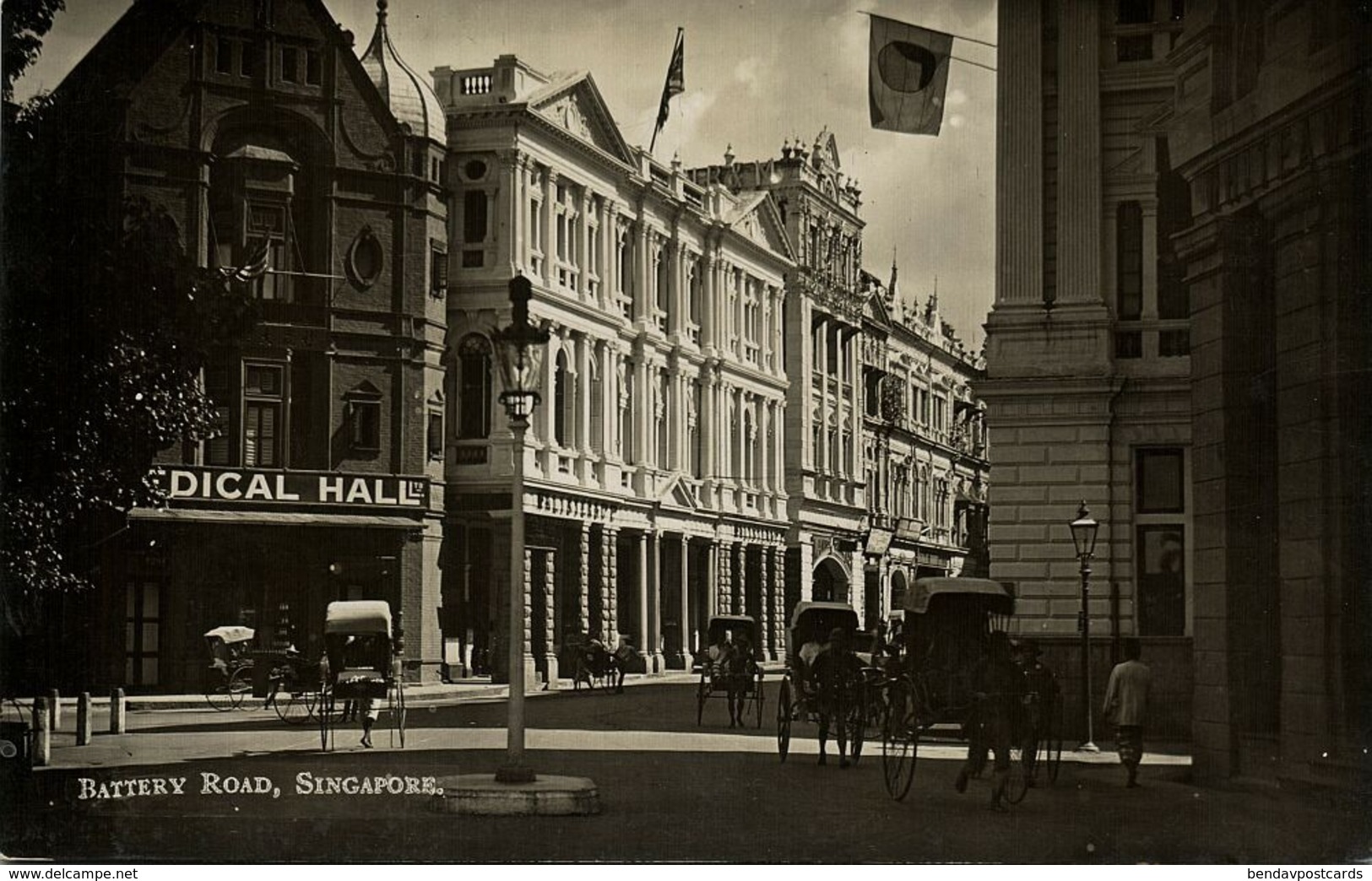 Singapore, Battery Road, Medical Hall, Rickshaw (1910s) RPPC Postcard - Singapur