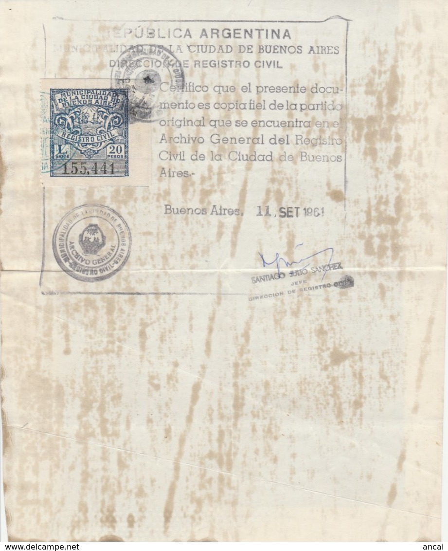 Argentina.  1961. Marca Municipale 20 Pesos, Su Documento - Altri & Non Classificati