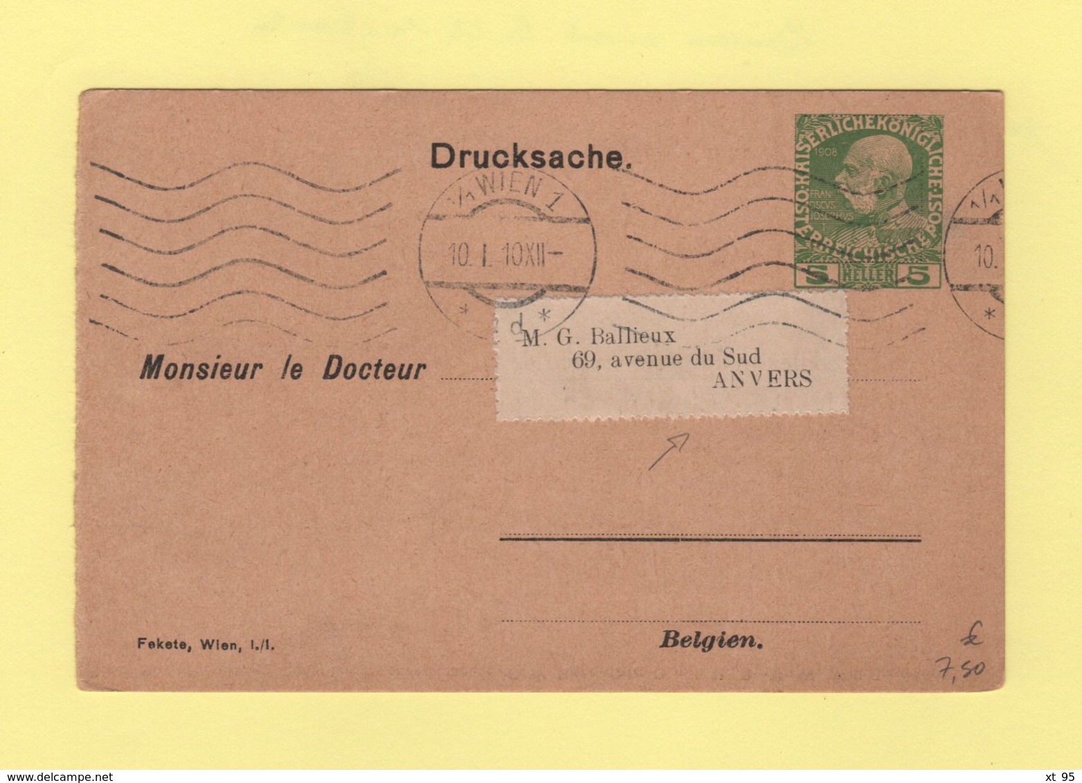 Autriche - Wien - Entier Postal Repique Tablettes De Marienbad - Destination Belgique - 1910 - Sonstige & Ohne Zuordnung