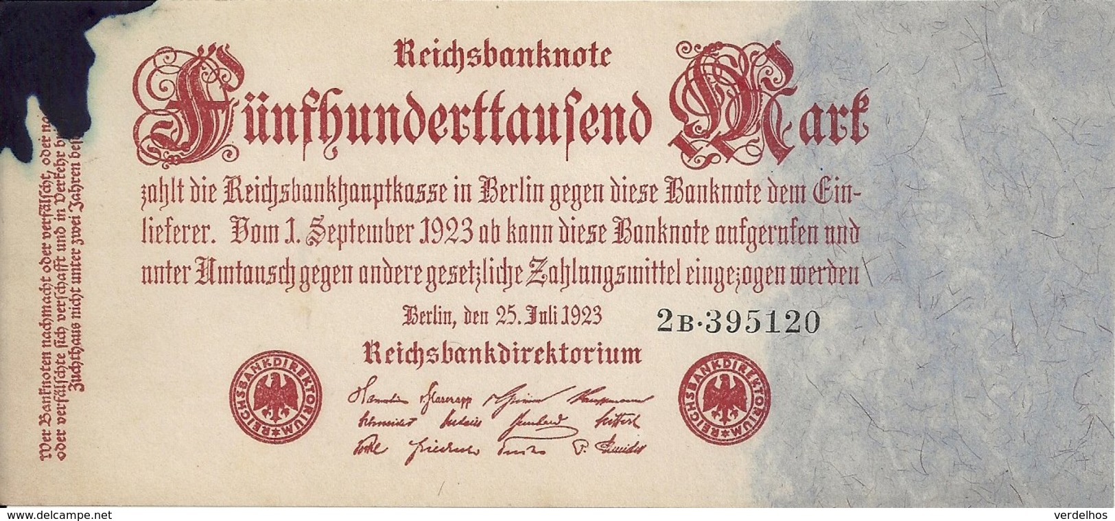 ALLEMAGNE 500000 MARK 1923 XF+(tache D'encre) P 92 - 500.000 Mark