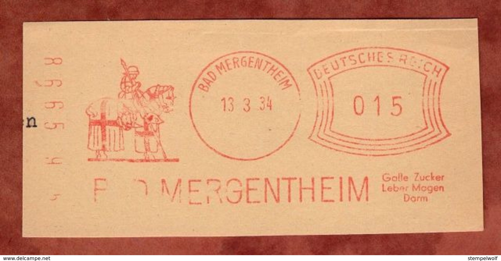 Ausschnitt, Absenderfreistempel, Ritter, Bad Mergentheim, 15 Rpfg, 1934 (80908) - Machines à Affranchir (EMA)