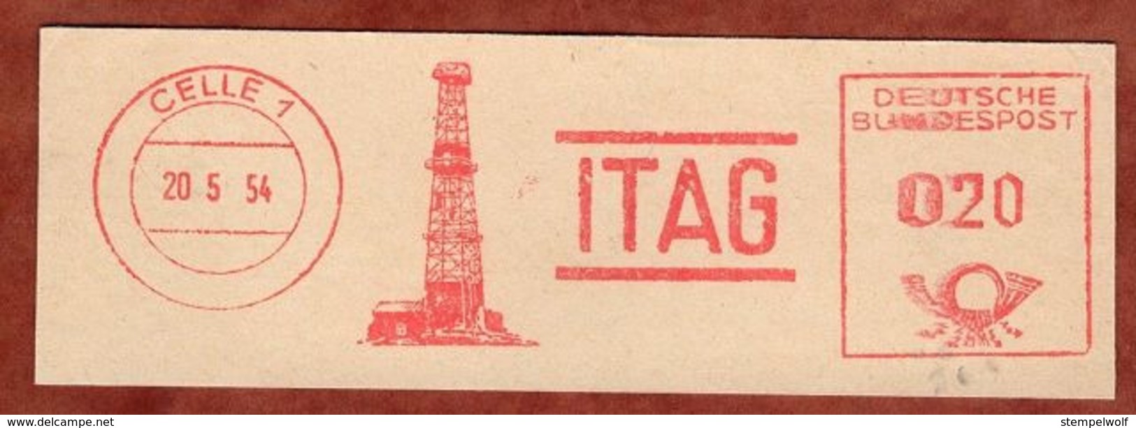 Ausschnitt, Absenderfreistempel, Bohrturm, ITAG, 20 Pfg, Celle 1954 (80917) - Maschinenstempel (EMA)
