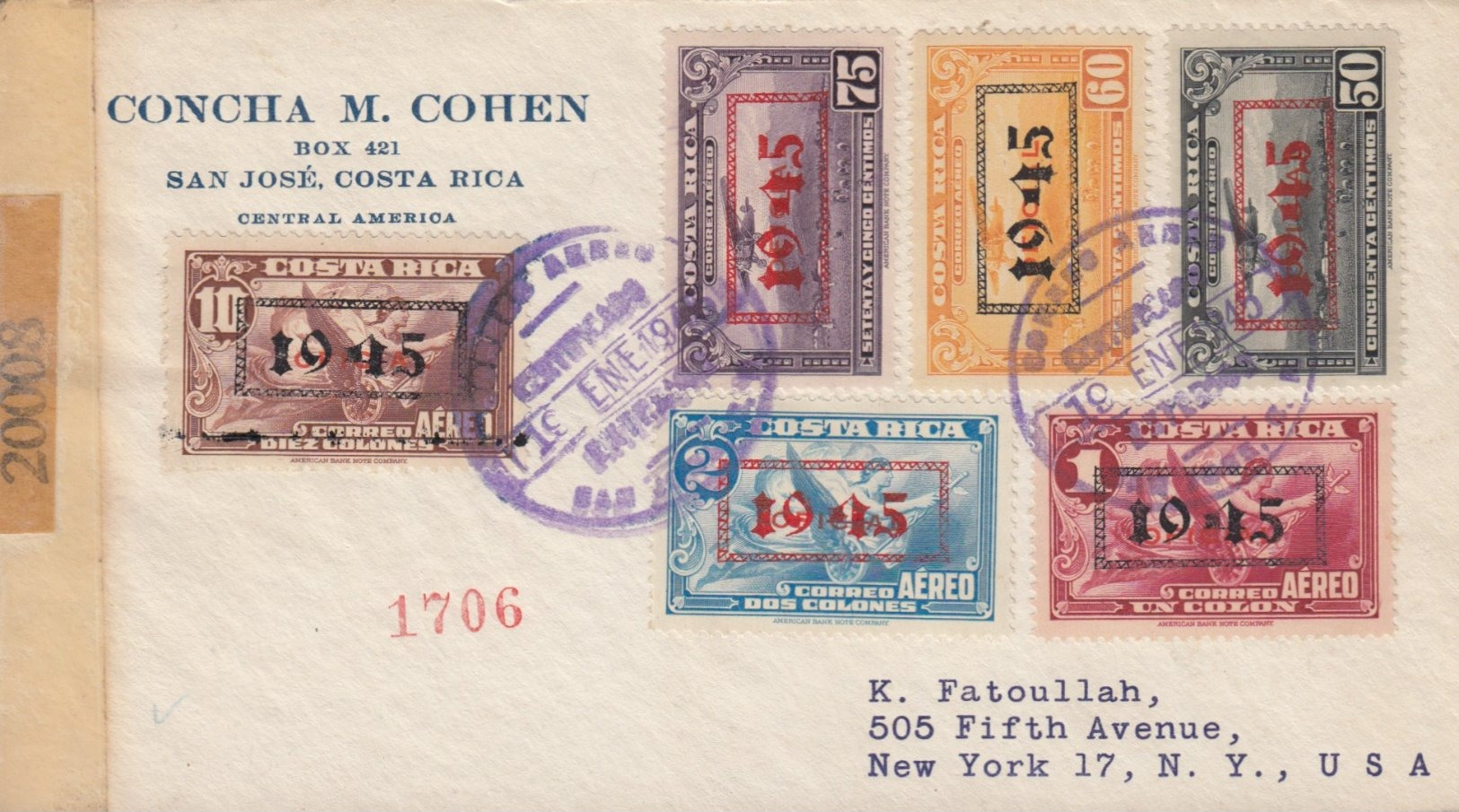 Costa Rica 1945 Overprint Set On Two Travelled Covers - Costa Rica