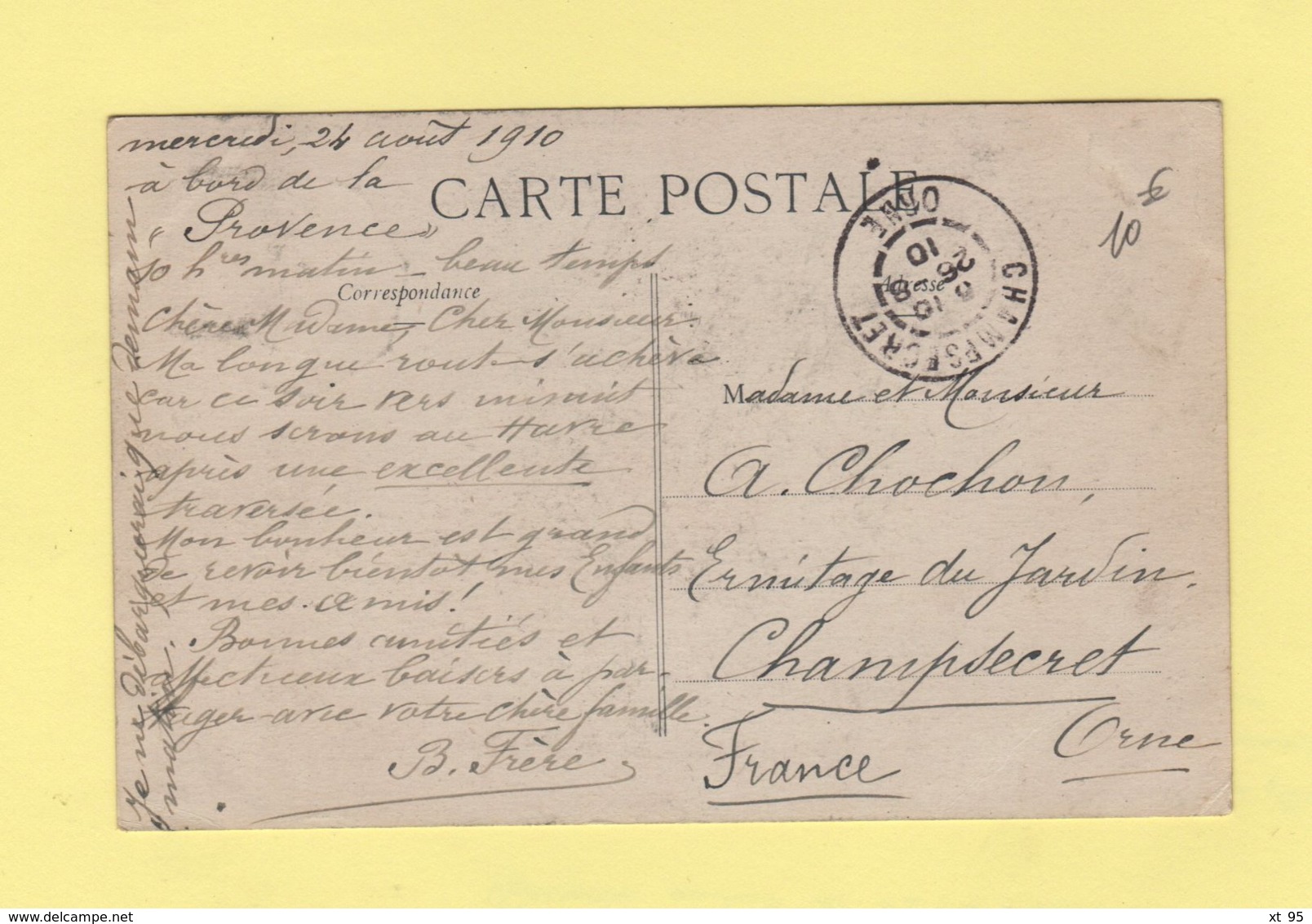 New York Au Havre B - 21-8-1910 - Type Semeuse - Cpa Paquebot La Provence - Poste Maritime