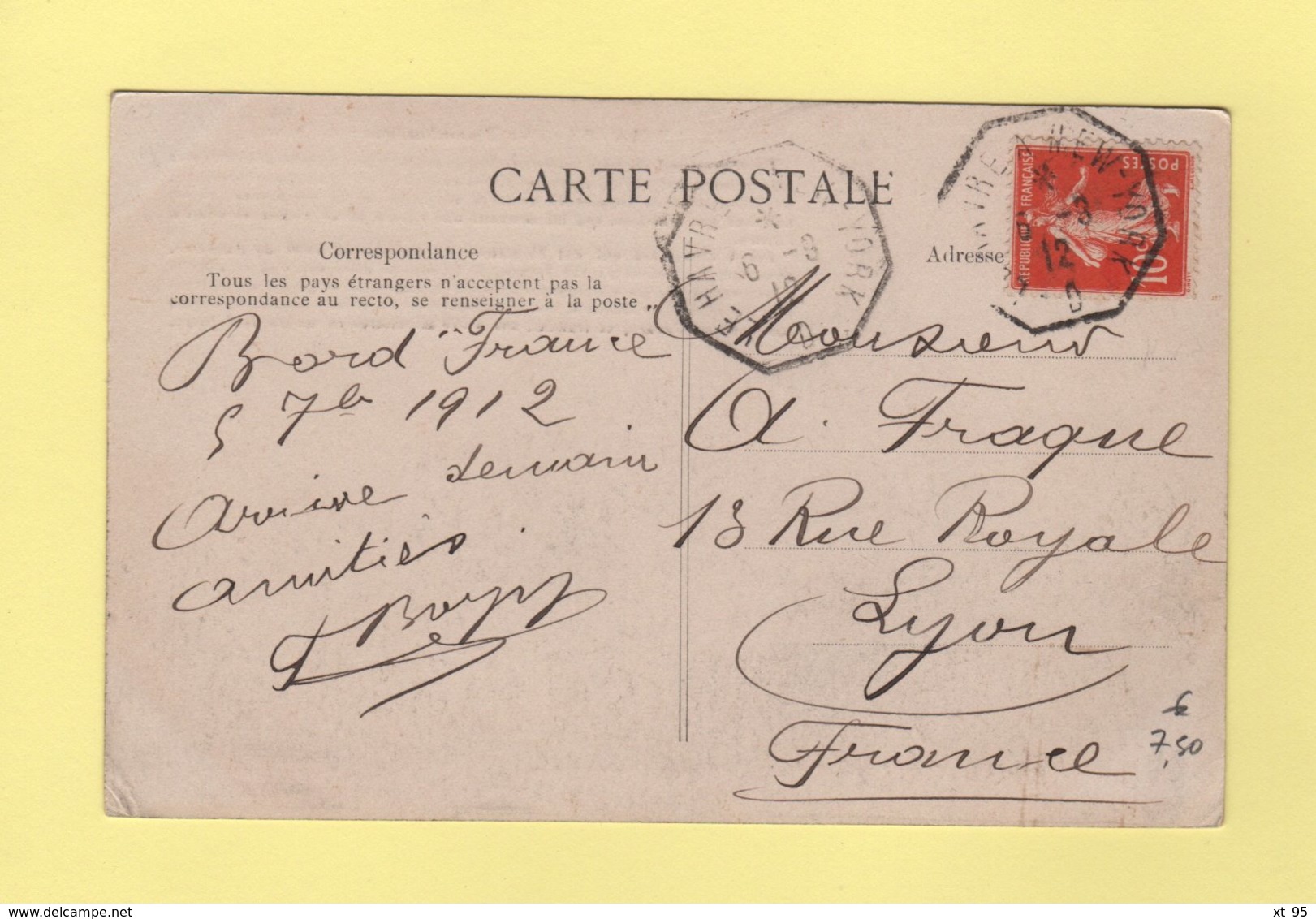 Le Havre A New York D - 6-9-1912 - Type Semeuse - Cpa Paquebot France - Poste Maritime