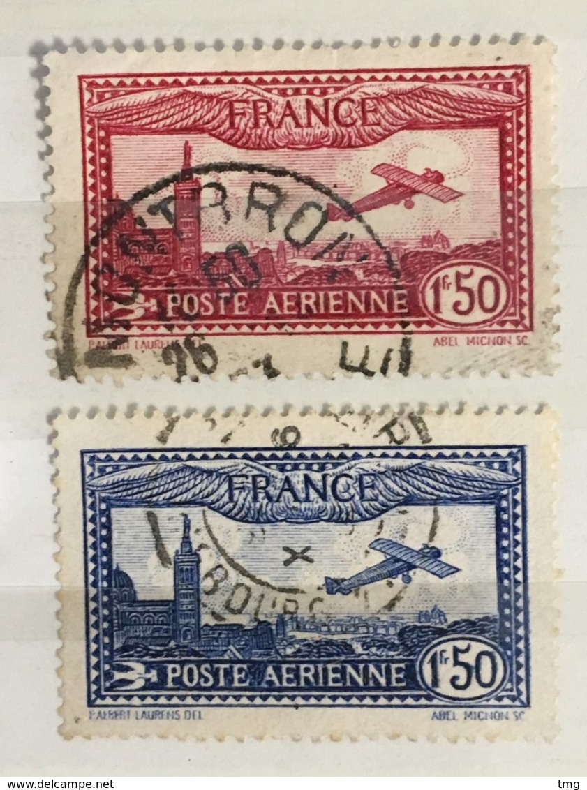 YT 5 & 6 Poste Aérienne (°) 1930 Avion Survolant Marseille 1f50 Carmin & 1f50 Bleu (côte 7 Euros) – 29 - 1927-1959 Gebraucht