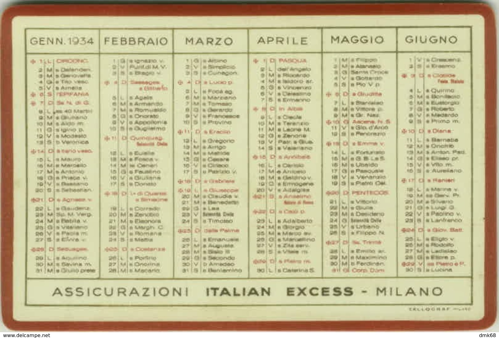 ASSICURAZIONI ITALIAN EXCESS - MILANO - CALENDARIO TASCABILE ANNO 1934 (BG4866) - Grand Format : 1921-40