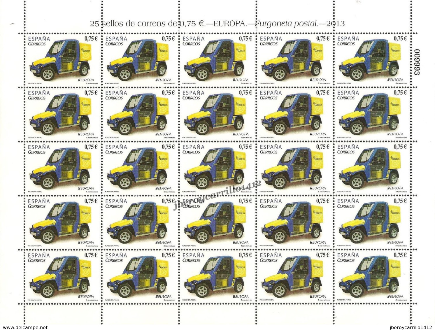 ESPAÑA / SPAIN / ESPAGNE   - EUROPA 2013 -TEMA ANUAL " FURGONETA POSTAL"- HOJA BLOQUE  DE 25 SELLOS - 2013