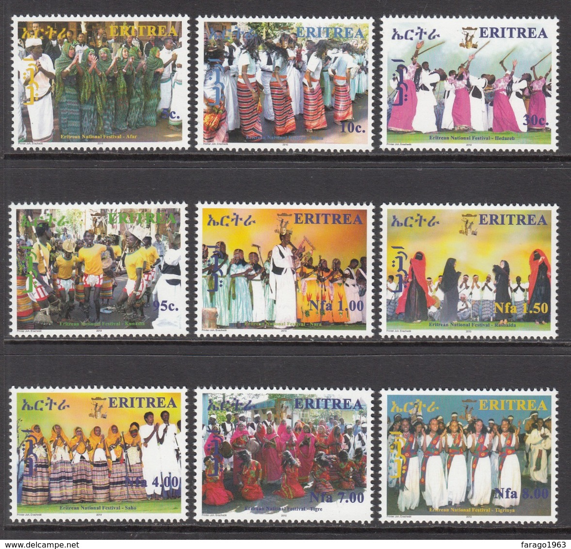 2010 Eritrea Festival Culture Costumes  Complete Set Of 9 MNH - Eritrea