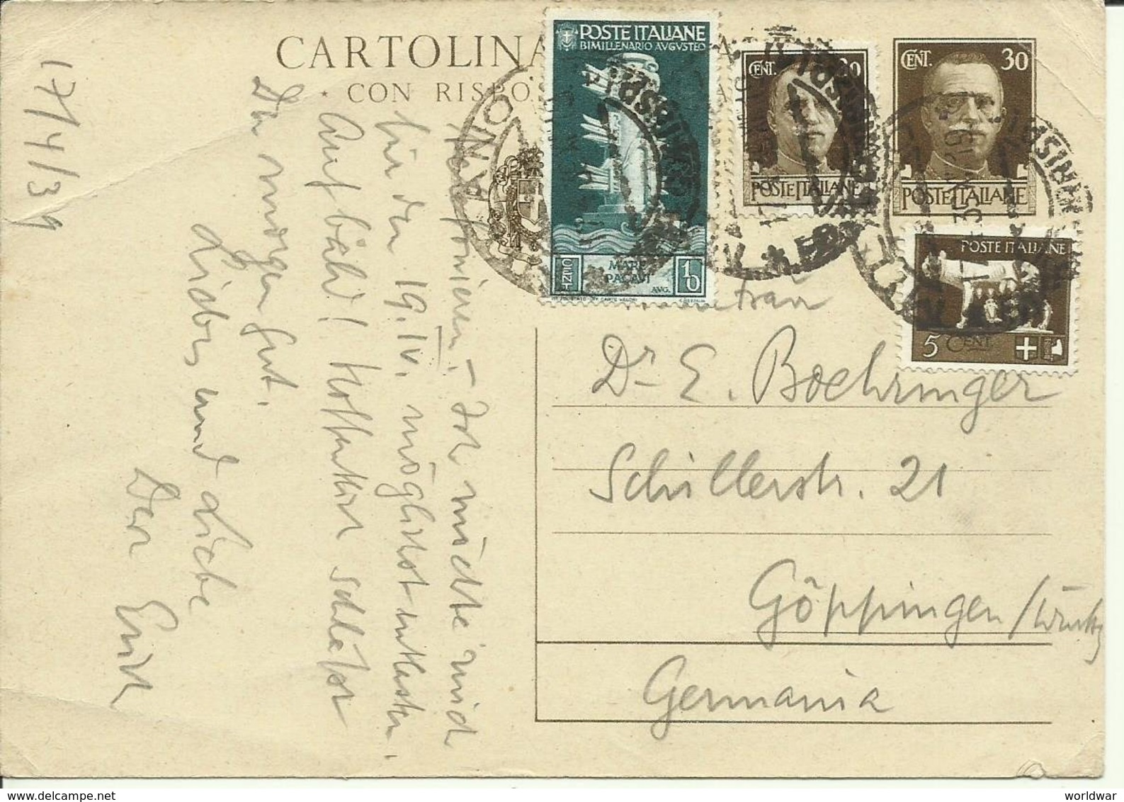 1939  30 Cmi Postkarte Frageteil Nach Göppingen - Stamped Stationery