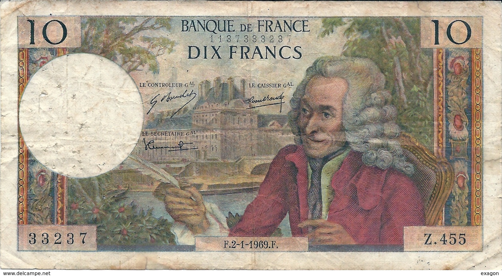 N. 1 Banconota - BANQE  DE  FRANCE  -  FRANCHI 10  " VOLTAIRE " -  Anno 1969 - 10 F 1963-1973 ''Voltaire''