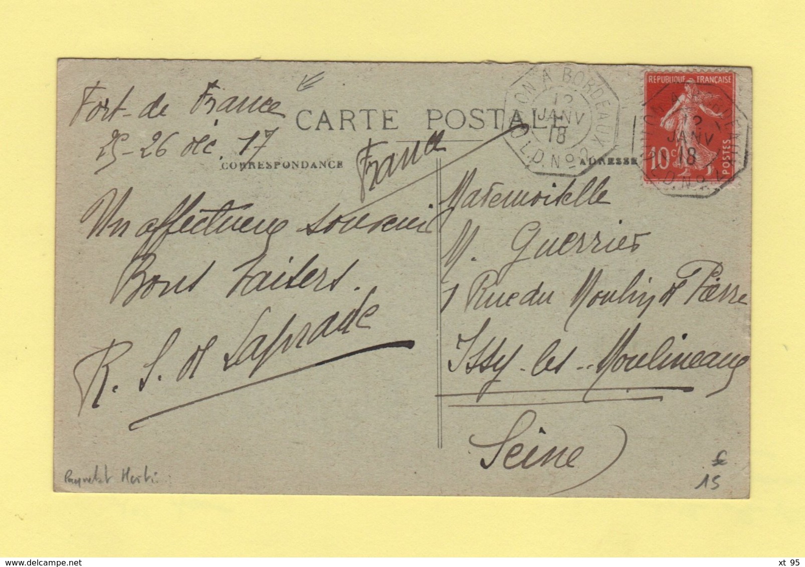 Colon A Bordeaux - Ligne D N°2 - 12 Janv 1918 - Cpa Martinique - Type Semeuse - Poste Maritime