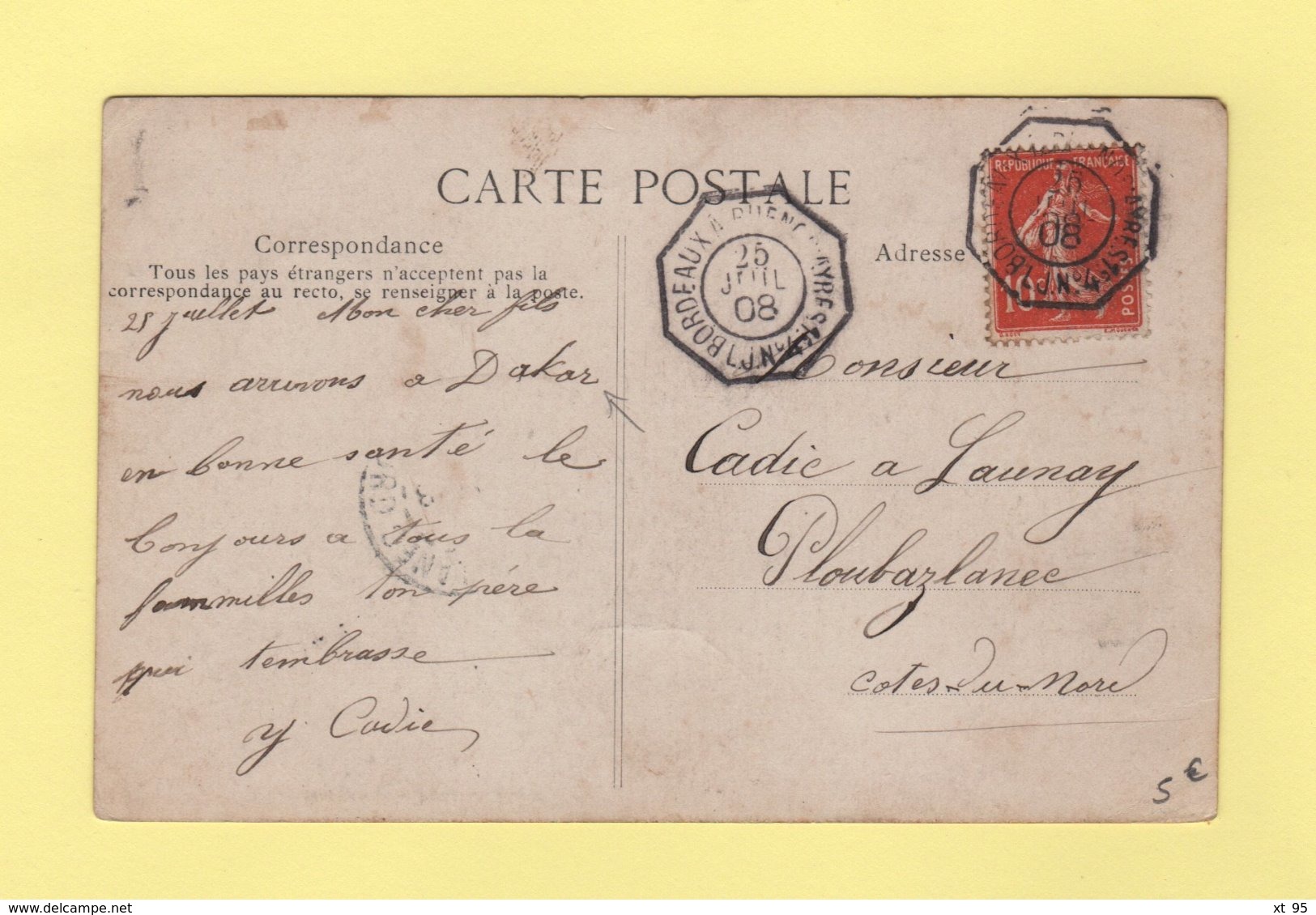 Bordeaux A Buenos Ayres - Ligne J N°4 - 25 Juil 1908 - Cpa Du Soudan Ecrite A Dakar - Type Semeuse - Poste Maritime