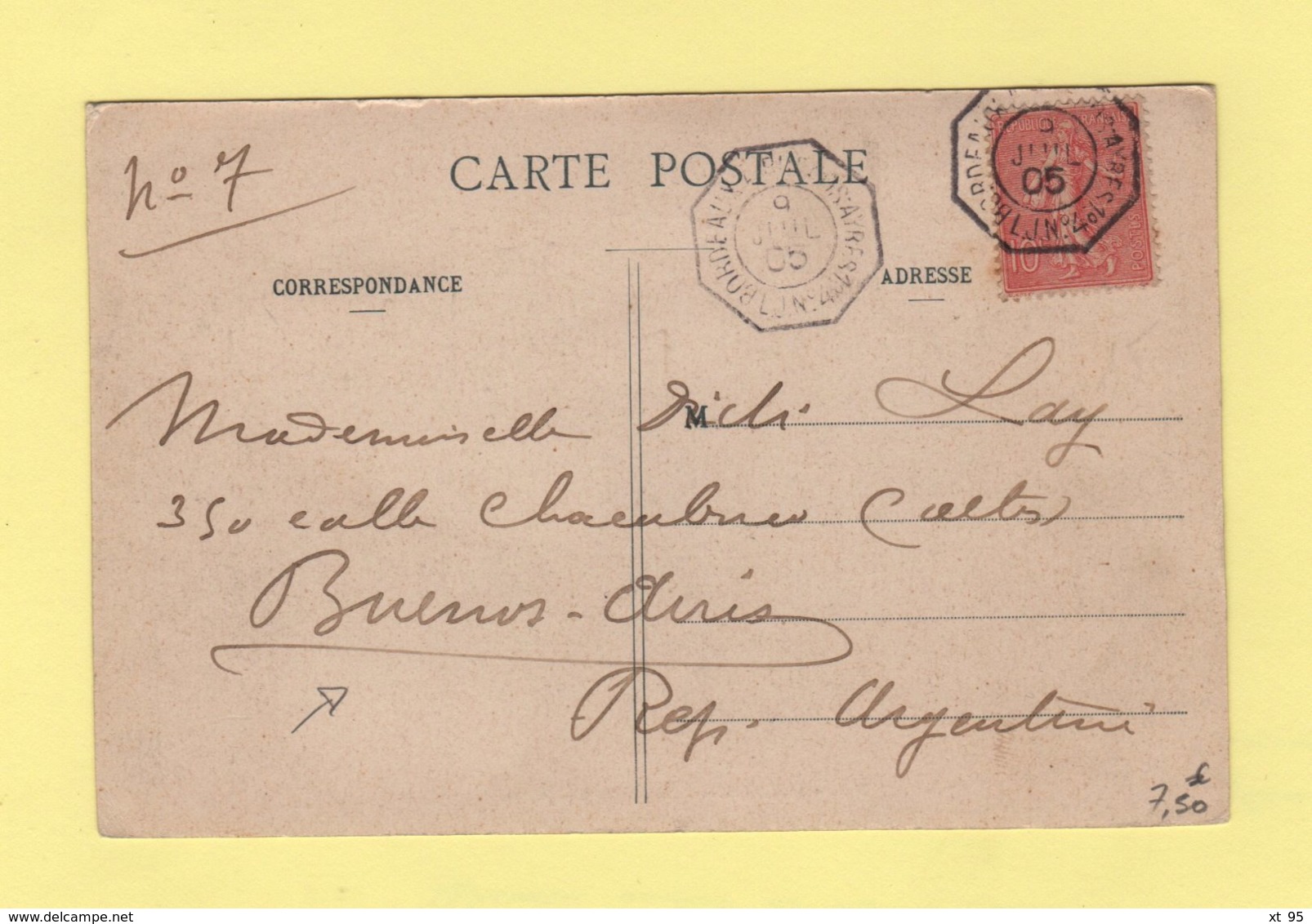 Bordeaux A Buenos Ayres - Ligne J N°4 - 9 Juil 1905 - Destination Argentine - Type Semeuse - Poste Maritime
