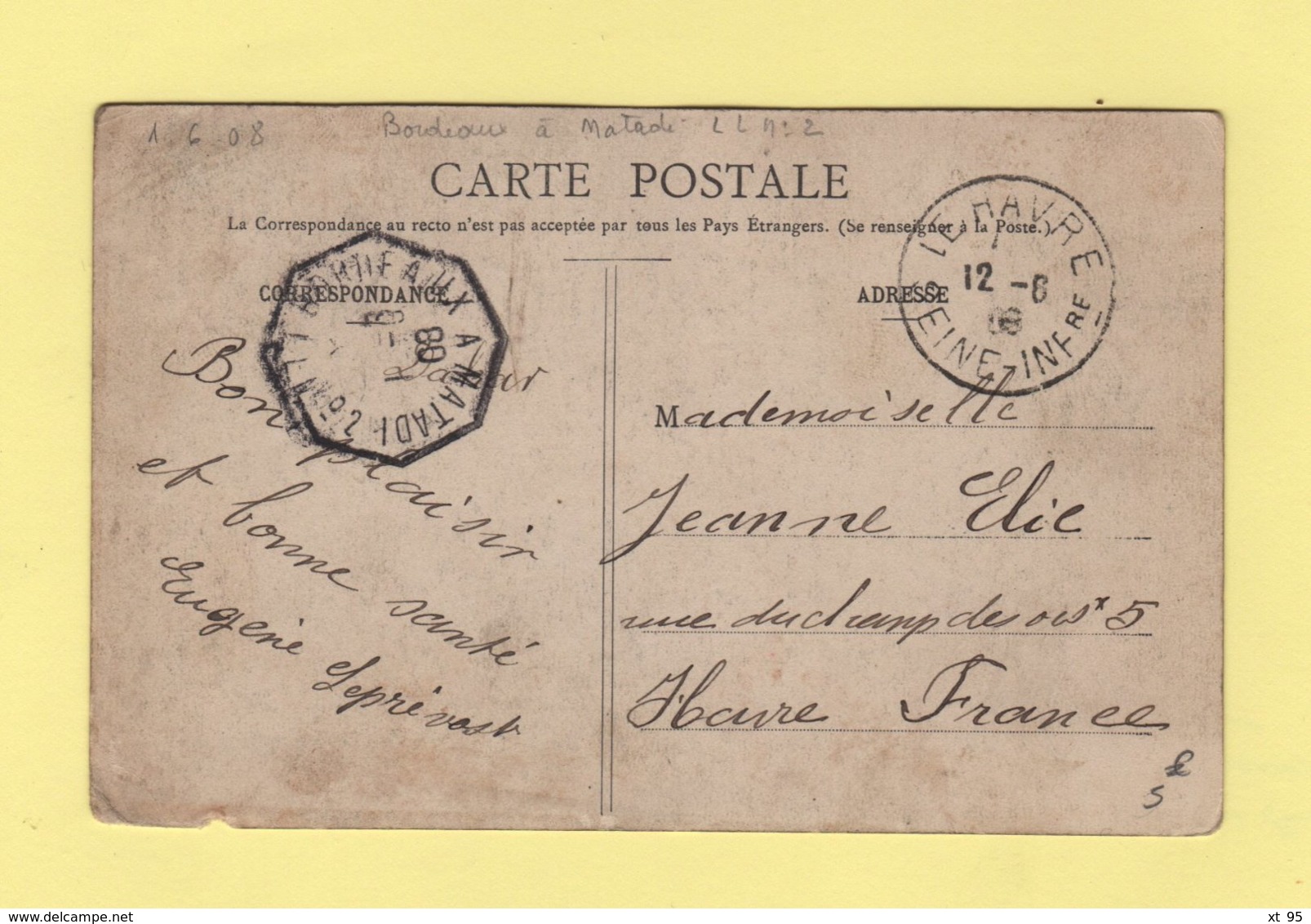 Bordeaux A Matadi - Ligne L N°2 - 1-6-1908 - Type Semeuse - Cpa Du Cambodge Pnom Penh (defectueuse) - Poste Maritime