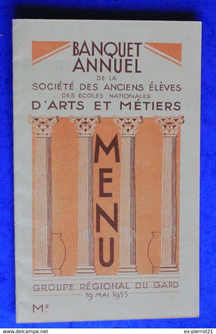 Menu Du Banquet Des Anciens élèves  Des Arts Et Metiers 1935, Au Restaurant Bonfils à Castanet  - Nimes - Menükarten
