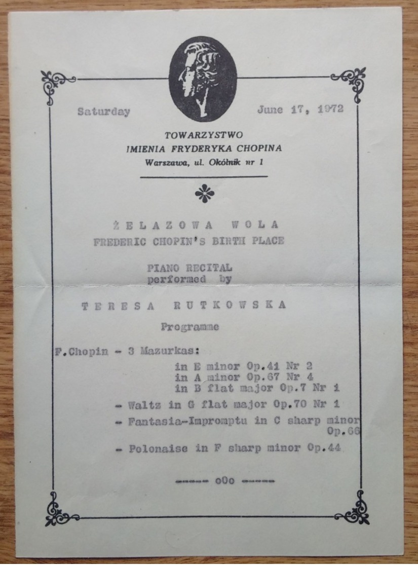 ZELAZOWA WOLA CHOPIN PIANO RECITAL PROGRAMME 1972 - Programmes
