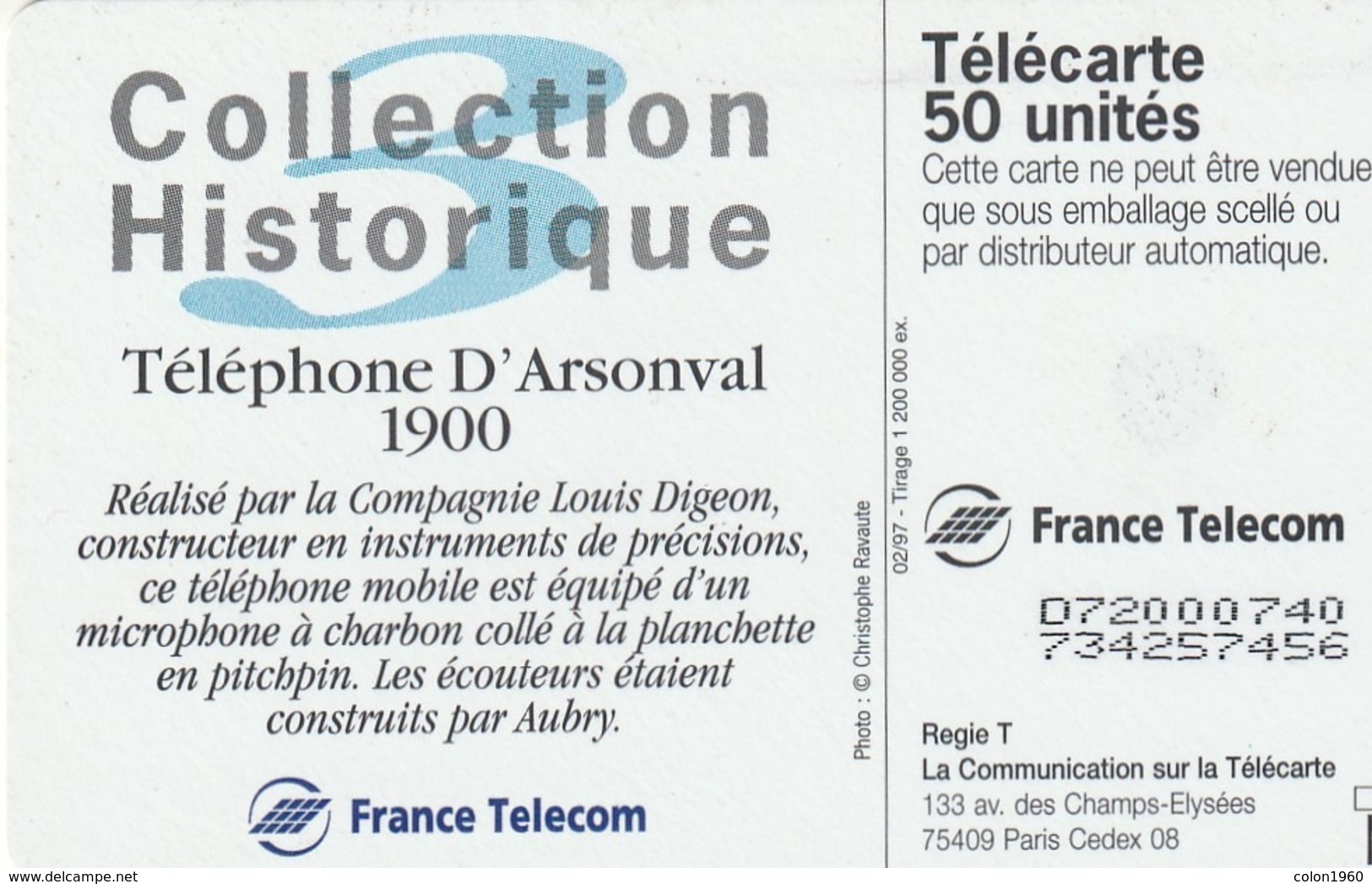 FRANCIA. Collection Historique N. 03 - Téléphone D'Arsonval 1900. 50U. 02/97. 0716.1. (257). - 1997