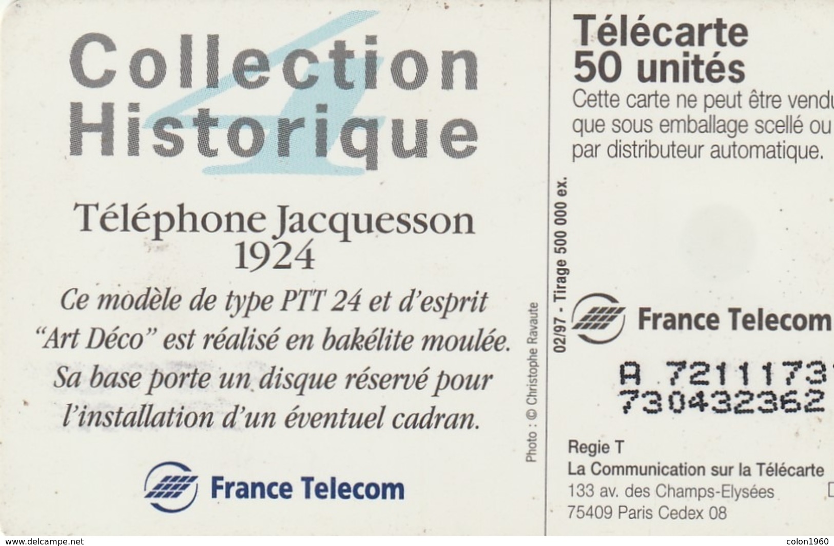 FRANCIA. Collection Historique 04 - Téléphone Jacquesson 1924. Tir. 500 000. 50U. 02/97. (258). - 1997