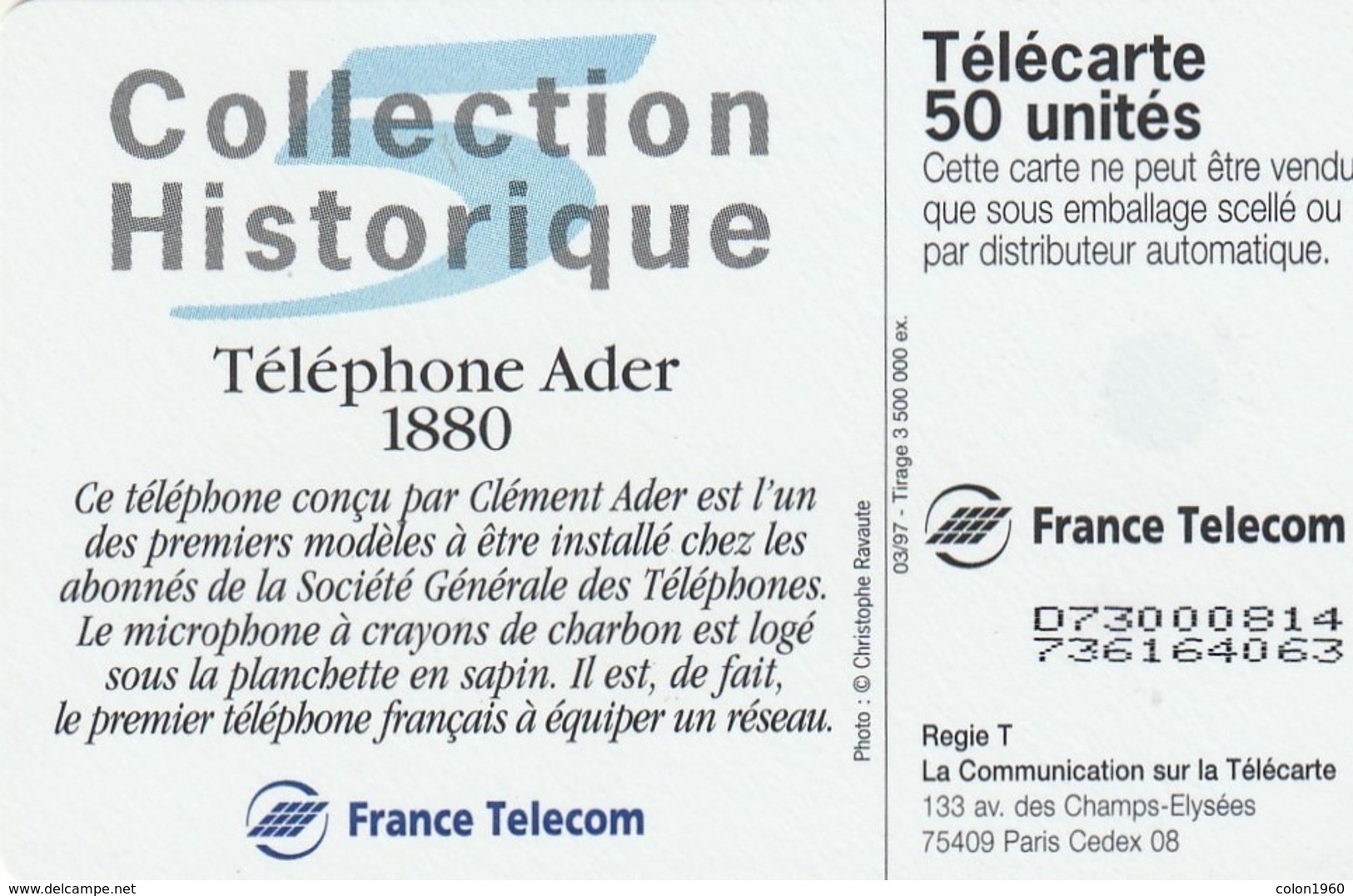 FRANCIA. Collection Historique N. 05 - Téléphone Ader 1880. 50U. 03/97. 0723A (260). - 1997