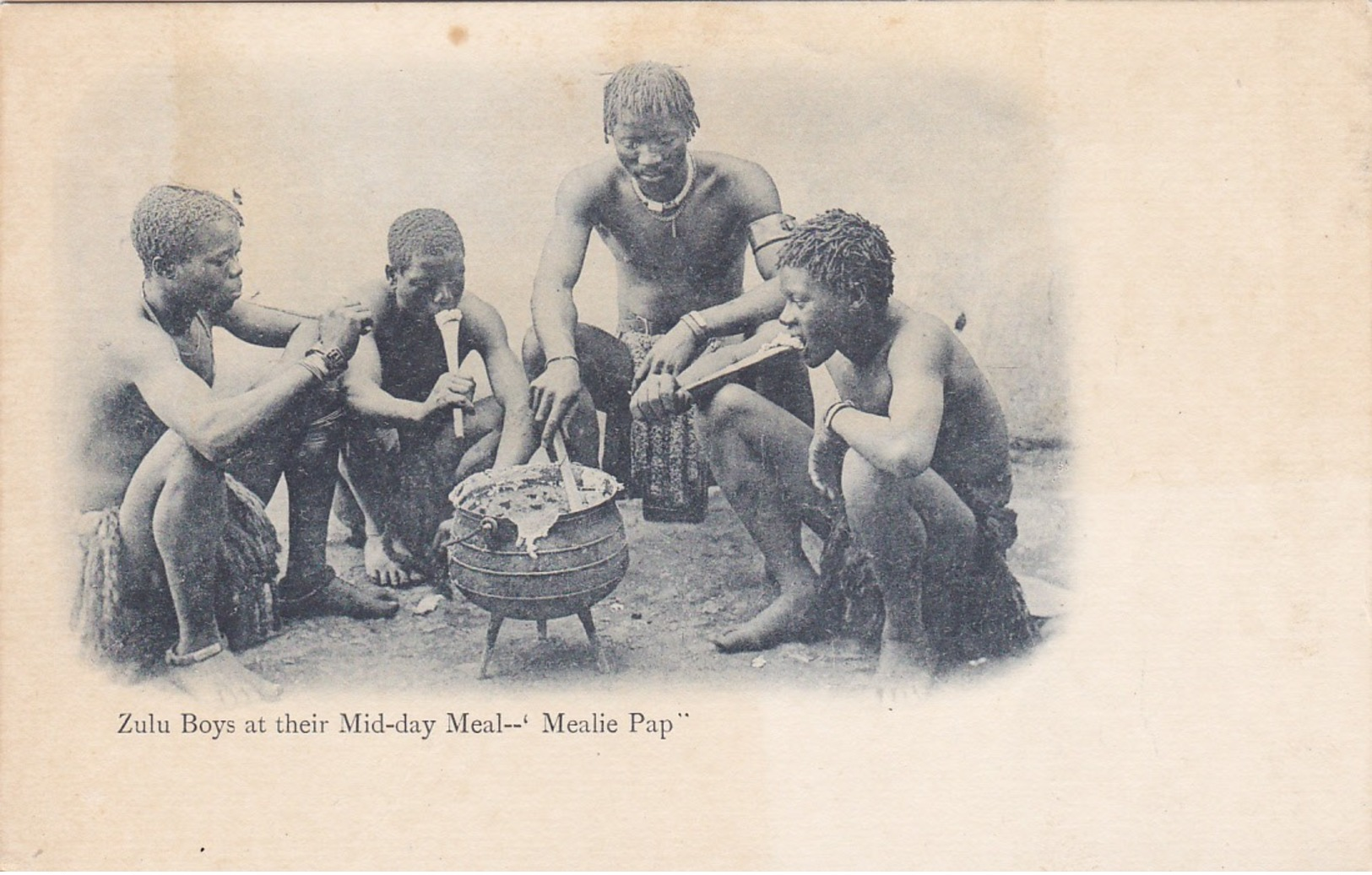 Zulu Boy's At Their Mid-Day Meal, "Mealie Pap", South Africa, 1901-07 - South Africa