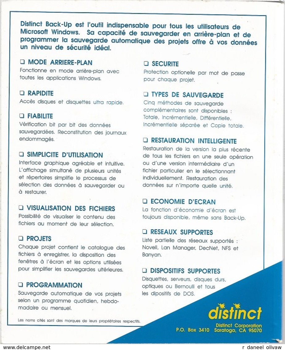 Distinct Back-Up, Sauvegarde Pour DOS 3.1 Et Supérieur, Et Windows 3 (1991, TBE+) - Autres & Non Classés