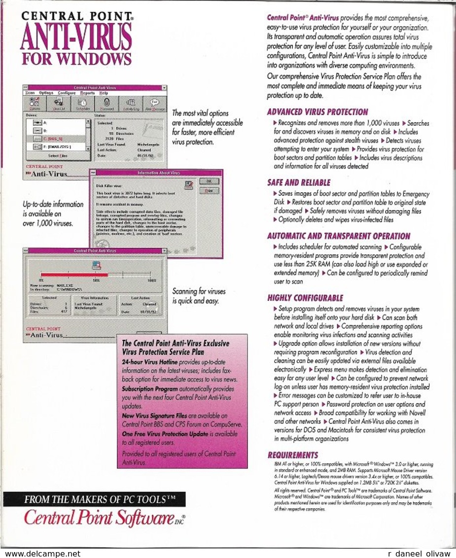 Central Point Antivirus 1.0 Pour Windows 3, En Anglais (1992, TBE+) - Other & Unclassified